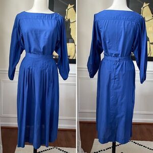 Vintage 80s Nipon Boutique 2pc Top Skirt Set Cobalt Blue Fine Black Stripe S